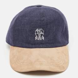 Brunello Cucinelli Blue/Beige Logo Embroidery Linen and Suede Baseball Cap M