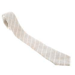 Brunello Cucinelli Beige and Cream Diagonal Striped Linen Tie