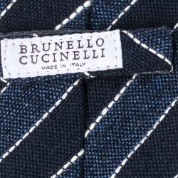 Pre Owned Brunello Cucinelli Blue Cotton Linen Striped Narrow Tie