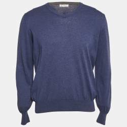 Brunello Cucinelli Blue Cotton Knit V-Neck Sweatshirt L