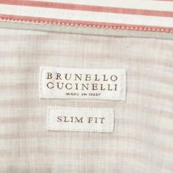 Pre Owned Brunello Cucinelli Red/White Striped Cotton Slim Fit Shirt M