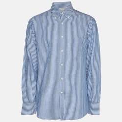 Pre Owned Brunello Cucinelli Blue/White Pinstripe Linen Blend Long Sleeve Shirt M