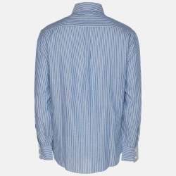 Pre Owned Brunello Cucinelli Blue/White Pinstripe Linen Blend Long Sleeve Shirt M