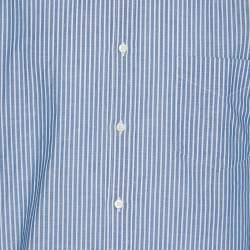Pre Owned Brunello Cucinelli Blue/White Pinstripe Linen Blend Long Sleeve Shirt M