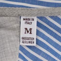 Pre Owned Brunello Cucinelli Blue/White Pinstripe Linen Blend Long Sleeve Shirt M