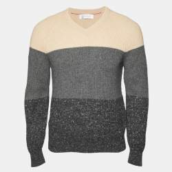 Pre Owned Brunello Cucinelli Beige/Grey Rib Knit V-Neck Sweater M