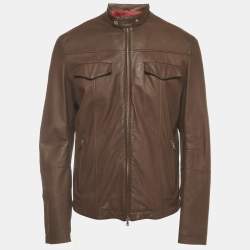 Pre Owned Brunello Cucinelli Brown Leather Zip-Up Biker Jacket L