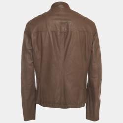 Pre Owned Brunello Cucinelli Brown Leather Zip-Up Biker Jacket L