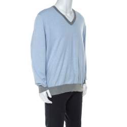 Brunello Cucinelli Light Blue Cotton V Neck Sweater 4XL
