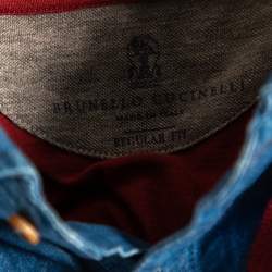 Pre Owned Brunello Cucinelli Maroon Cotton Denim Collar Detail Regular Fit T-Shirt L