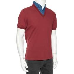 Pre Owned Brunello Cucinelli Maroon Cotton Denim Collar Detail Regular Fit T-Shirt L