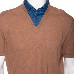 Pre Owned  Brunello Cucinelli Brown Cotton Pique Denim Collar Inset Polo T Shirt XXL