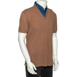 Pre Owned  Brunello Cucinelli Brown Cotton Pique Denim Collar Inset Polo T Shirt XXL