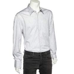 Pre Owned Brunello Cucinelli White & Grey Striped Cotton Basic Fit Shirt XXXL