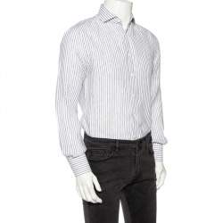 Pre Owned Brunello Cucinelli White Striped Linen Slim Fit Shirt M