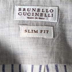 Pre Owned Brunello Cucinelli White Striped Linen Slim Fit Shirt M