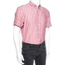 Pre Owned Brunello Cucinelli Pink Striped Cotton & Linen Leisure Fit Shirt XL