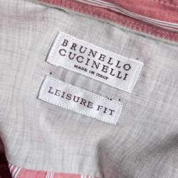 Pre Owned Brunello Cucinelli Pink Striped Cotton & Linen Leisure Fit Shirt XL