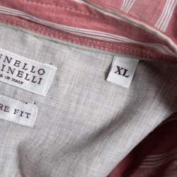 Pre Owned Brunello Cucinelli Pink Striped Cotton & Linen Leisure Fit Shirt XL