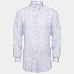 Brunello Cucinelli Blue Stripe Linen Button Front Shirt XXL