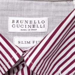 Brunello Cucinelli White and Burgundy Striped Button Down Shirt XXL