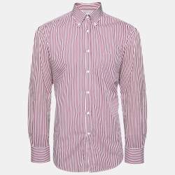 Brunello Cucinelli White and Burgundy Striped Button Down Shirt XXL