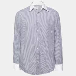 Brunello Cucinelli Blue and White Striped Cotton Button Front Shirt XXL