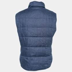 Brunello Cucinelli Blue Down Linen Button Front Gilet L