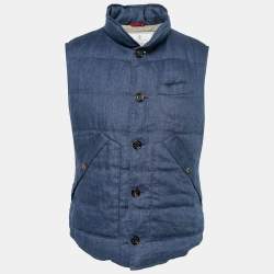 Brunello Cucinelli Blue Down Linen Button Front Gilet L