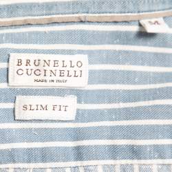 Pre Owned Brunello Cucinelli Blue Striped Cotton Button Down Slim Fit Shirt M