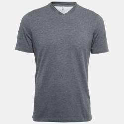 Brunello Cucinelli Grey Cotton V-Neck Half Sleeve Slim Fit T-Shirt S
