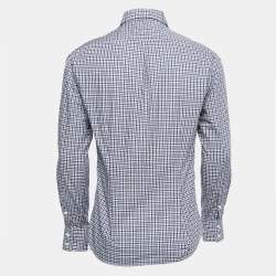 Pre Owned Brunello Cucinelli Navy Blue Plaid Cotton Button Down Full Sleeve Slim Fit Shirt S