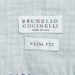 Pre Owned Brunello Cucinelli Navy Blue Plaid Cotton Button Down Full Sleeve Slim Fit Shirt S