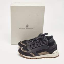 Pre Owned Brunello Cucinelli Black Leather and Suede Lace Up Sneakers 41