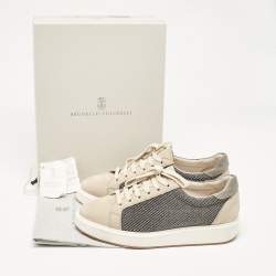 Brunello Cucinelli Beige/Grey Nubuck Leather and Wool Embellished Low Top Sneakers Size 41