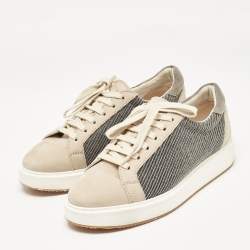 Brunello Cucinelli Beige/Grey Nubuck Leather and Wool Embellished Low Top Sneakers Size 41