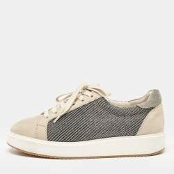 Brunello Cucinelli Beige/Grey Nubuck Leather and Wool Embellished Low Top Sneakers Size 41