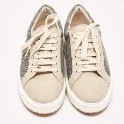 Brunello Cucinelli Beige/Grey Nubuck Leather and Wool Embellished Low Top Sneakers Size 41