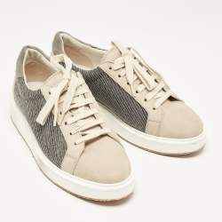 Brunello Cucinelli Beige/Grey Nubuck Leather and Wool Embellished Low Top Sneakers Size 41