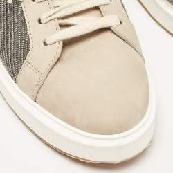 Brunello Cucinelli Beige/Grey Nubuck Leather and Wool Embellished Low Top Sneakers Size 41