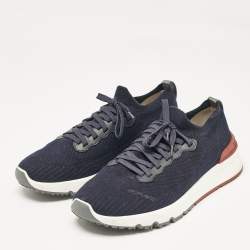 Brunello Cucinelli Navy Blue Knit Fabric Lace Up Sneakers Size 43