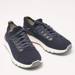 Brunello Cucinelli Navy Blue Knit Fabric Lace Up Sneakers Size 43