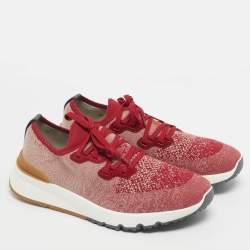 Pre Owned Brunello Cucinelli Red/Beige Knit Fabric Lace Up Sneakers Size 43