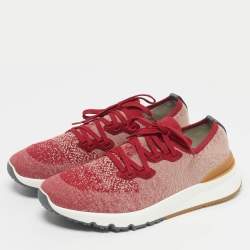 Pre Owned Brunello Cucinelli Red/Beige Knit Fabric Lace Up Sneakers Size 43