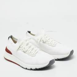 Pre Owned Brunello Cucinelli White Knit Fabric and Leather Low Top Sneakers Size 42