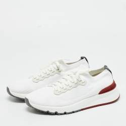 Pre Owned Brunello Cucinelli White Knit Fabric and Leather Low Top Sneakers Size 42