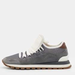 Brunello Cucinelli Grey Mesh And Suede Low Top Sneakers Size 40