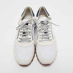 Brunello Cucinelli White/Navy Blue Leather and Mesh Low Top Sneakers Size 43.5