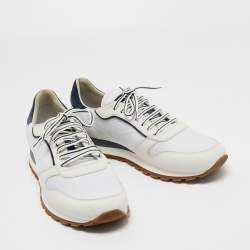 Brunello Cucinelli White/Navy Blue Leather and Mesh Low Top Sneakers Size 43.5