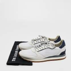 Brunello Cucinelli White/Navy Blue Leather and Mesh Low Top Sneakers Size 43.5